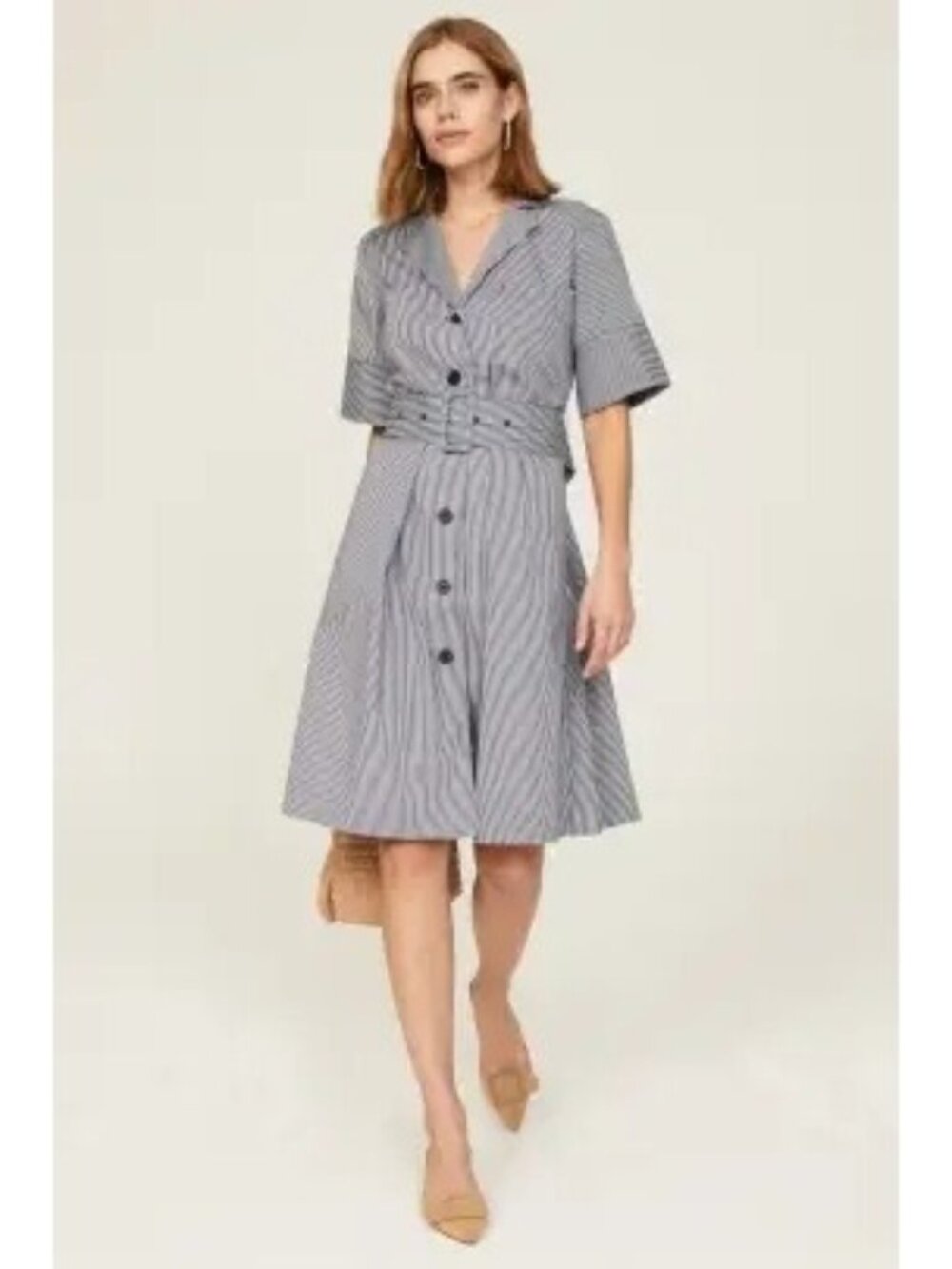 Adam Lippes Gray Striped Button-Front Fit-and-Flare Dress